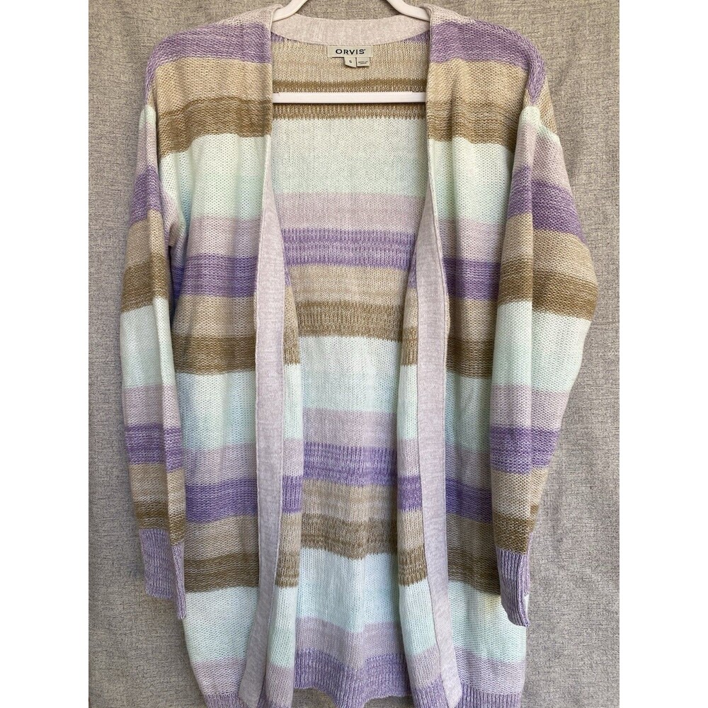 Orvis Linen Cardigan Womens S Open Front Lightweight Striped Sweater Oversized